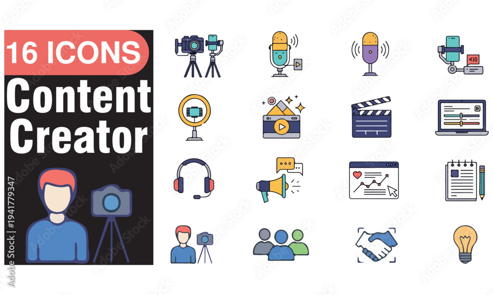 Fototapeta premium content creator icon set featuring video, photo, audio, podcast, live, stream, editing, laptop, camera, analytics, and sponsorship. professional editable soild vector icons collection