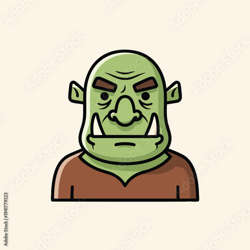 A cartoon illustration of a green-skinned humanoid with a stern expression and visible tusks. He is wearing brown clothing