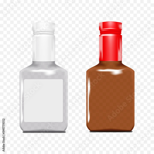 Clear glass or plastic bottle with shrink sleeve neck cap label and blank square sticker. Vector mockup. Liquid food product or drink transparent container. Easy editable mock-up. Template for design