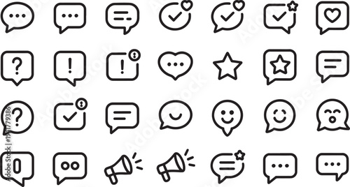 Black and white speech bubble with various symbols and expressions speech bubbles