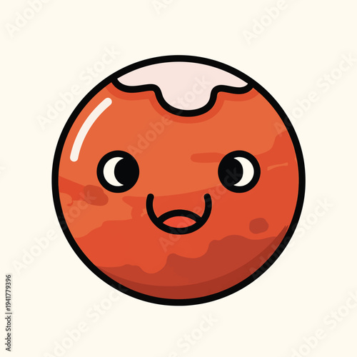 A cartoon planet with a cheerful expression. The planet is orange with lighter markings and a white patch. It has eyes and a smile