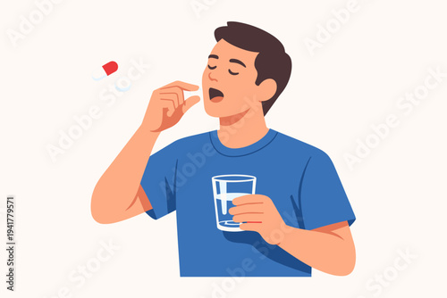 Vector Illustration of a Young Man Taking a Pill and Holding a Glass of Water, Concept for Healthcare, Medication, Treatment, Vitamin Supplement, and Daily Health Routine in Flat Style