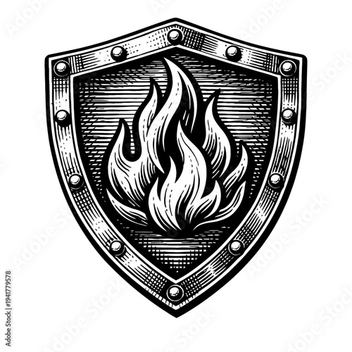 Vintage Engraved Shield with Burning Flame Icon - Classic Black and White Heraldic Emblem for Protection, Safety, and Power. Detailed Retro Woodcut Illustration, Perfect for Logos, Tattoos, and Mediev