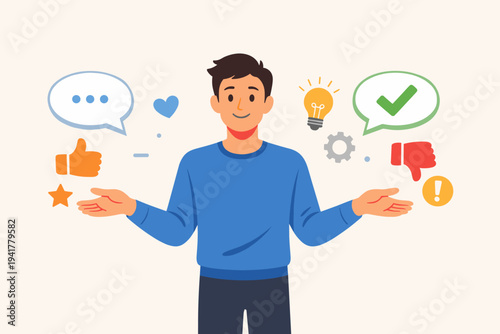 Flat vector illustration of a smiling man with open arms surrounded by feedback icons like thumbs up, thumbs down, speech bubbles, heart, star, and lightbulb for customer reviews and communication.