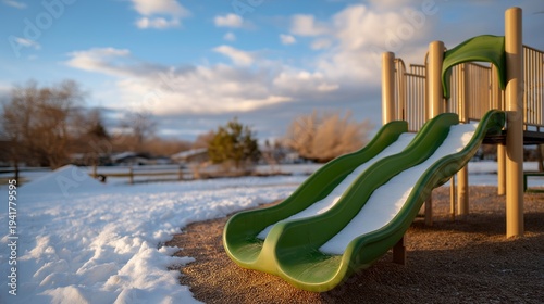 Wallpaper Mural Before and after shows desolate playground equipment covered then cleared of winter snow revealing green paint, spring sun harsh on wet metal slides, ideal for seasonal transition, renewal Torontodigital.ca