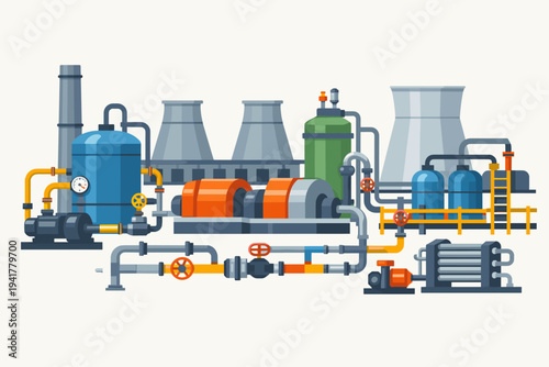 Flat Vector Illustration of Industrial Power Plant Equipment and Piping System with Cooling Towers, Storage Tanks, Pumps, and Valves for Energy Production and Manufacturing Facility Design