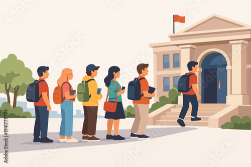 Flat vector illustration of a diverse group of students standing in a queue to enter a university or college building, carrying backpacks and books, representing higher education and campus life.