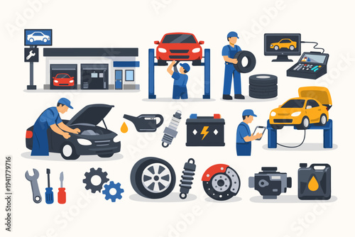 Professional auto repair service shop flat vector illustration set featuring mechanics, car maintenance, engine diagnostics, tire change, oil replacement, tools, battery, and garage icons.