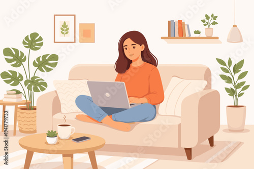 Flat vector illustration of a young woman working on a laptop while sitting on a sofa in a cozy living room with indoor plants and coffee. Ideal for remote work, freelance, and home office themes.