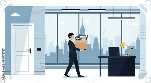 Businessman in a dark suit carrying a cardboard box of personal belongings while leaving a modern high-rise office with a city skyline view