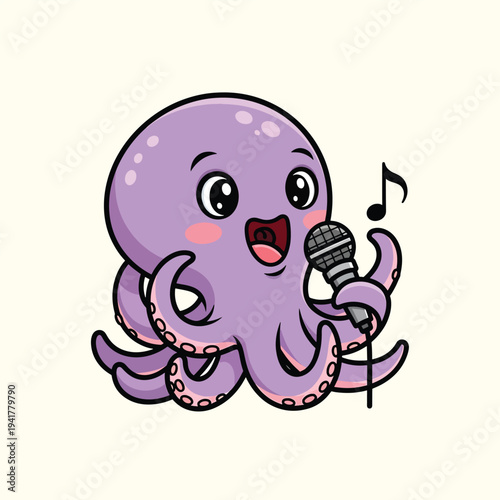 A cartoon octopus character sings into a microphone, with musical notes floating nearby. It is colorful with smooth lines