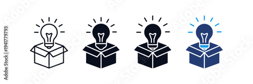 Think Outside Box icon set. Creative idea icon set with light bulb emerging from box or Lightbulb rising from an open box icon symbolizing innovation, thinking outside the box, creative solutions