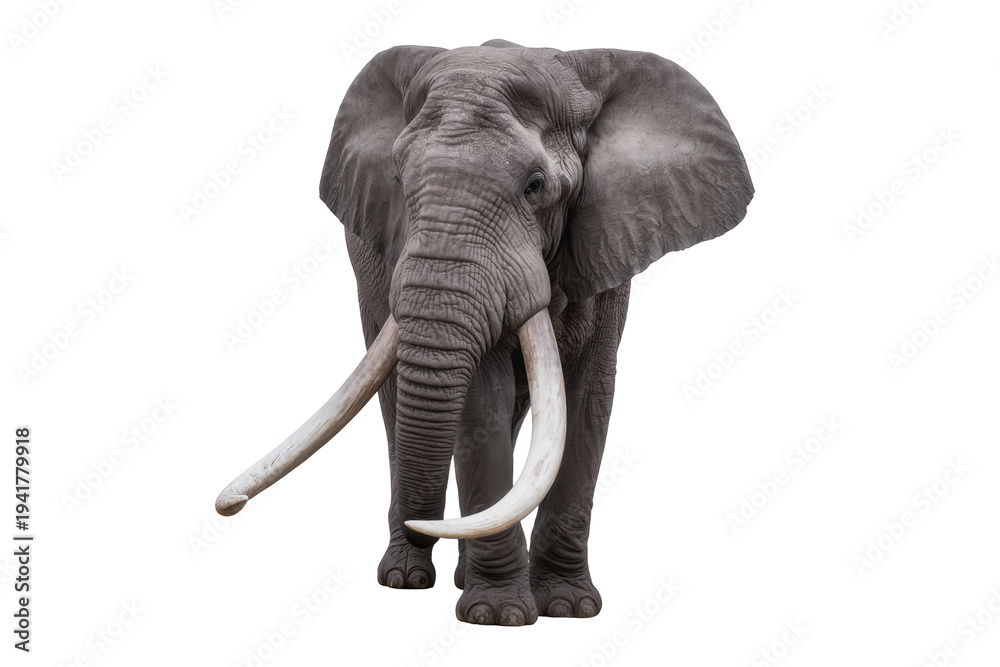 Fototapeta premium Majestic African elephant with impressive long tusks, standing gracefully, isolated on transparent background, powerful wildlife animal PNG