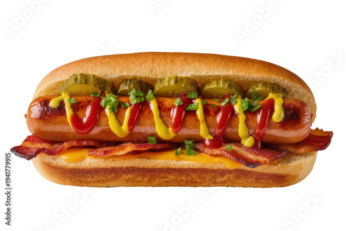 Delicious gourmet hot dog with grilled sausage, melted cheese, crispy bacon, dill pickles, ketchup, mustard, and chives, isolated PNG