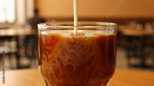 Creamy milk being poured into a glass of black coffee creating beautiful swirls in a cafe setting.