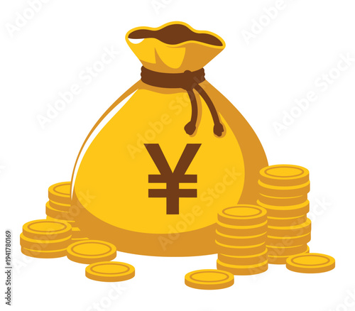 Golden money bag with Japanese Yen currency symbol and scattered gold coins, representing wealth, finance, and investment success vector illustration