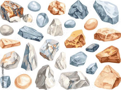 Collection of watercolor painted vector various stones and minerals each isolated on white