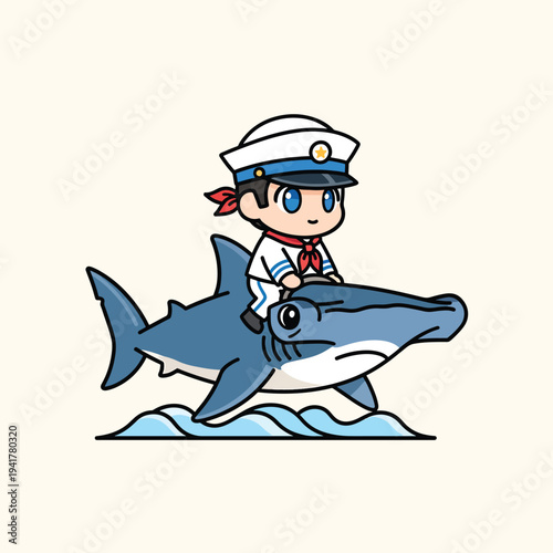 A cartoon sailor boy rides a cartoon shark. The sailor wears a white cap, uniform, and red scarf. The scene is above blue waves