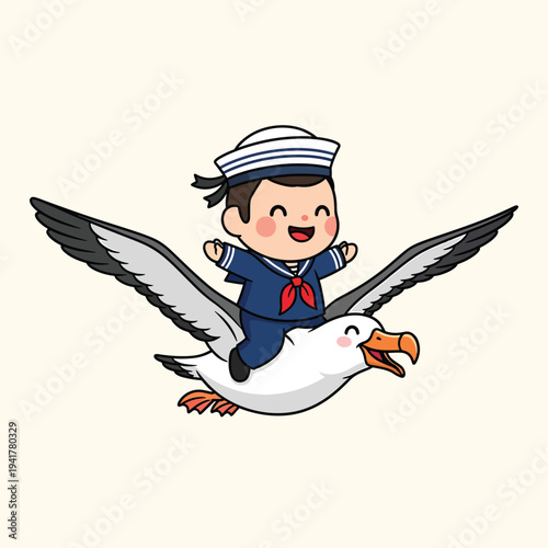 A cartoon sailor boy rides a cheerful albatross with outstretched arms and a happy expression, soaring through the sky