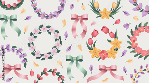 Set of 9 floral wreaths with ribbons vector