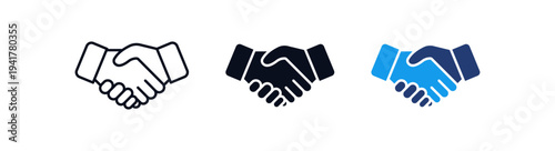 Handshake partnership icon set representing business corporate agreement, successful deal, collaboration, trust and professional cooperation in outline and colored styles.