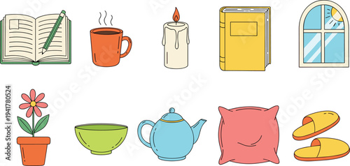 Cozy home and lifestyle icon set featuring notebook, coffee mug, candle, book, window, potted flower, teapot, pillow, and slippers, isolated vector.