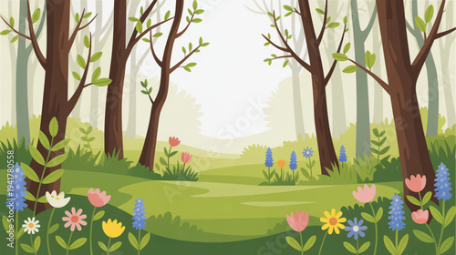 Vector illustration of a forest landscape with trees, flowers and grass