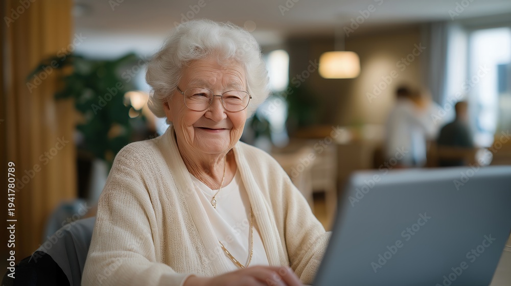 Obraz premium Nursing home resident isolated from video call technology while staff assists other residents, elderly digital exclusion, perfect for generational gap, care disparity, and contemporary isolation
