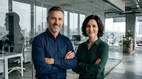 Portrait of happy executive managers, two business man and woman leaders entrepreneurs, corporate partners business owners professional work team standing arms crossed in office looking at camera