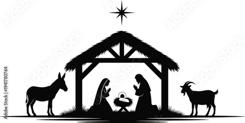 Black silhouette of a traditional Christmas nativity scene featuring baby Jesus in a manger with Mary Joseph donkey goat and Star of Bethlehem.