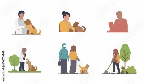 Pet care activities vector set owners walking feeding dog and cat veterinarian clinic illustration