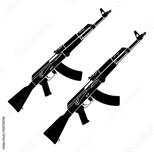 Two Black Silhouettes of AK-47 Assault Rifles on a White Background