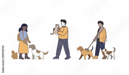 Happy pet owners caring for dog and cat animals pet care activities vector illustration isolated on white background