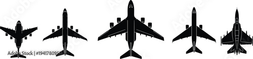 Collection of aviation silhouettes featuring commercial passenger airliners cargo planes and military fighter jet icons isolated on white background for travel and aerospace design