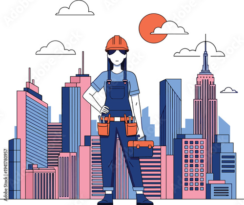 Professional female construction worker in hard hat and tool belt standing in front of a modern city skyline with skyscrapers