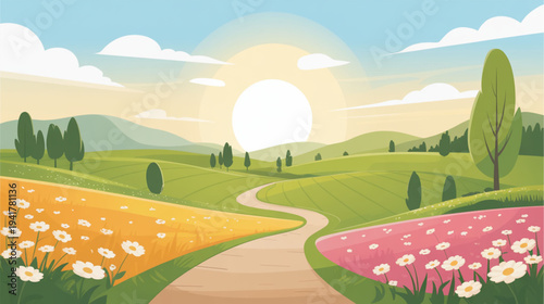Vector illustration of a serene landscape with a winding road through colorful flower fields and trees under a sunny sky