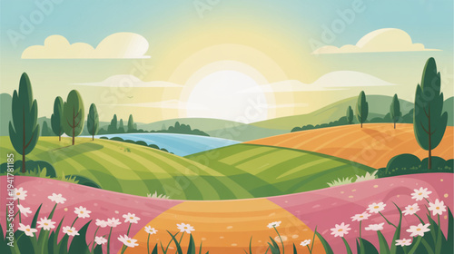 Vector illustration of colorful countryside landscape with flowers, trees, and sunset
