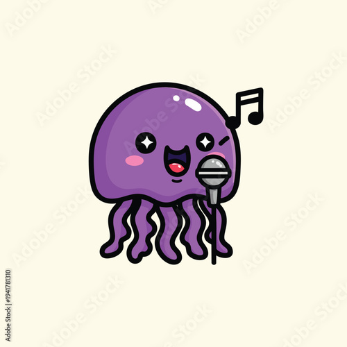 A cartoon jellyfish with big eyes and a wide, open mouth is singing into a microphone. A musical note is above its head