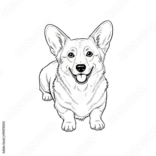 A cheerful, smiling corgi dog, drawn in precise black and white line art with varied thickness, isolated on a transparent flat lay background. Commercial illustration concept