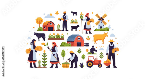 Flat Design Agriculture Farming Illustration. Farmers, Rural Life, Harvest, Barns, Livestock, and Tractor vector icons isolated on white background.