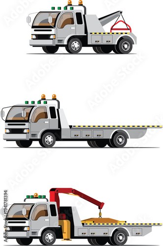 Blue tow truck with hydraulic platform for vehicle towing vector