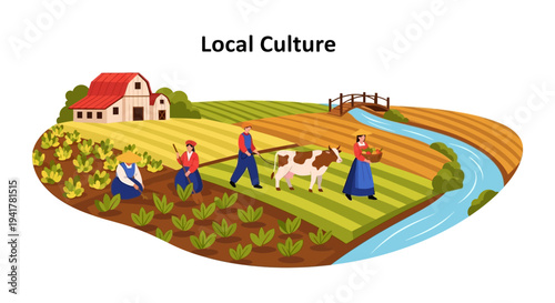Traditional Rural Life and Local Culture on a Farm Field. Farmers Plowing and Harvesting in Sustainable Agriculture Scene, Flat Vector Illustration.