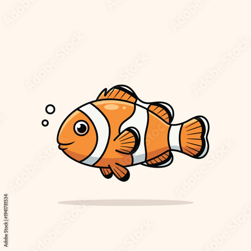 A cartoon illustration of a colorful fish with orange and white stripes and black accents. Two bubbles float. A subtle shadow appears below