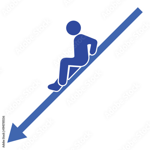 Stick figure person sitting on a blue arrow sliding down, metaphor for economic recession, business loss, or negative trend decreasing.