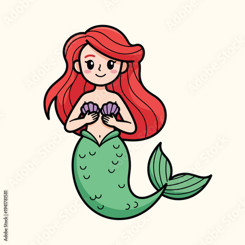 A cartoon mermaid with flowing red hair, holding seashells over her chest, and a green tail. She's smiling, on a cream background