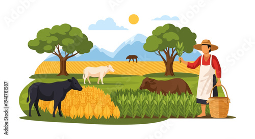 Sustainable Agriculture and Livestock Farming Vector: Farmer with Basket, Grazing Cows, Wheat Crops, and Mountain Landscape.