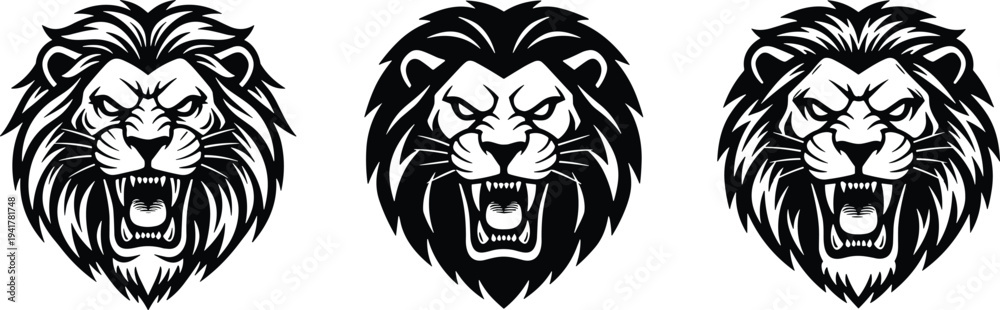 Obraz premium Black and white roaring lion head illustrations with fierce mane, bold graphic style, aggressive expression, symbolizing strength, courage, leadership
