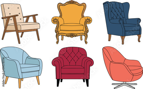 Flat vector illustration set of colorful vintage and modern armchairs including wingback tufted and mid-century styles for interior design