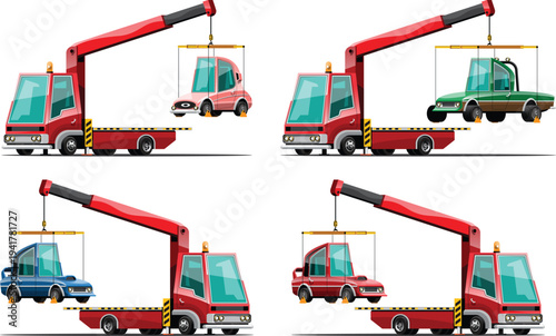 Flatbed carrier truck with specialized ramp for car hauling vector