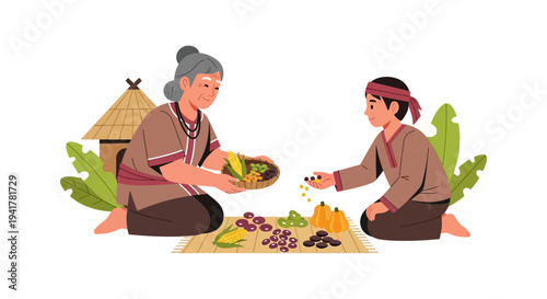 Intergenerational farming: Elderly woman and young man harvesting corn and vegetables in traditional rural attire. Flat vector illustration.